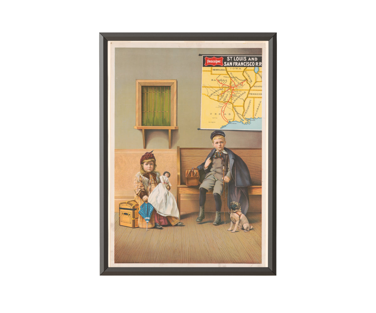 Girl Holding Doll and Boy with Dog in Railroad Station Waiting Room U.S.A. - Get Instant Art